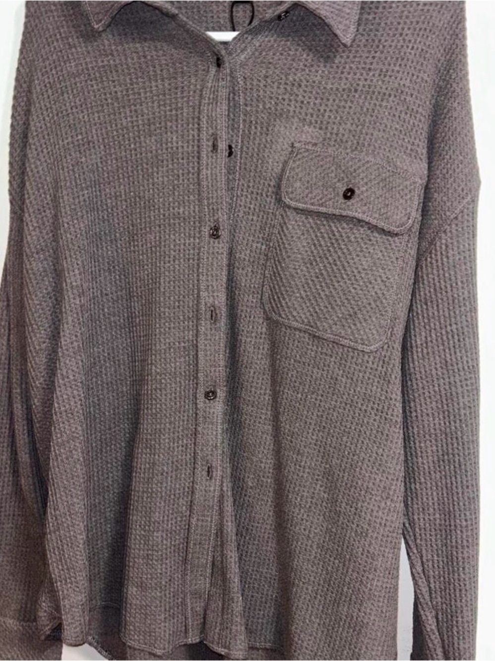Gray Waffle Knit Button-Up Sweater Shirt